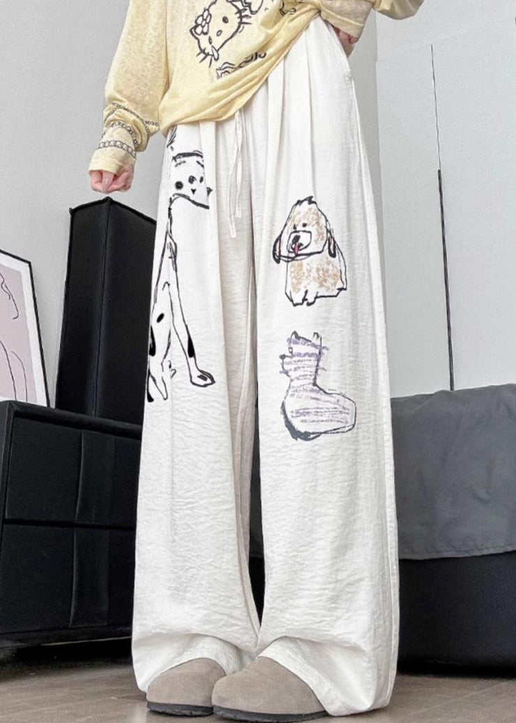 Casual White Cartoon Print Cotton Wide Leg Pants Fall