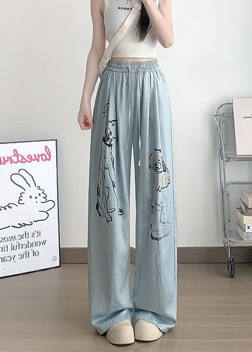 Casual White Cartoon Print Cotton Wide Leg Pants Fall