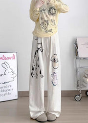 Casual White Cartoon Print Cotton Wide Leg Pants Fall