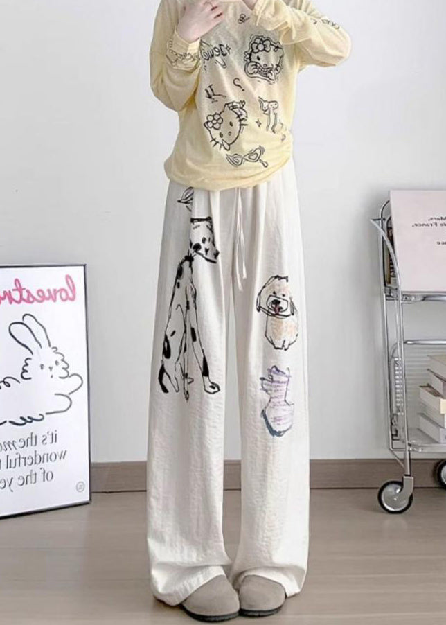 Casual White Cartoon Print Cotton Wide Leg Pants Fall