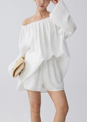 Casual White Cold Shoulder Cotton Tops And Shorts Two Pieces Set Summer