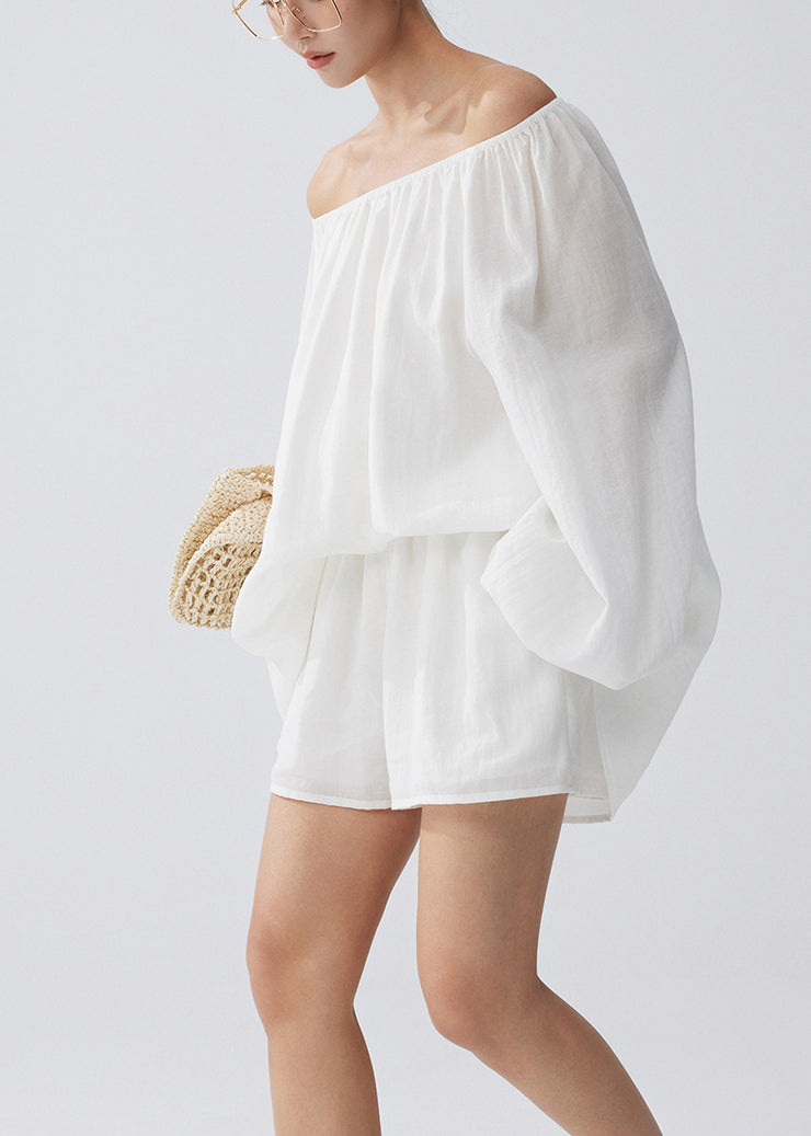 Casual White Cold Shoulder Cotton Tops And Shorts Two Pieces Set Summer