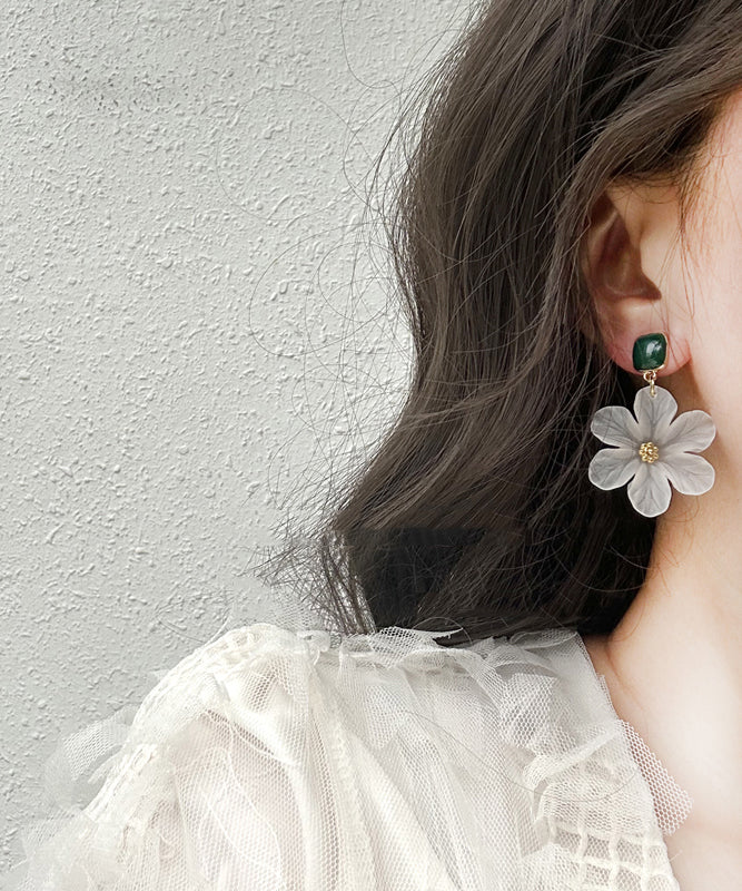 Casual White Copper Alloy Drip Glaze Floral Drop Earrings