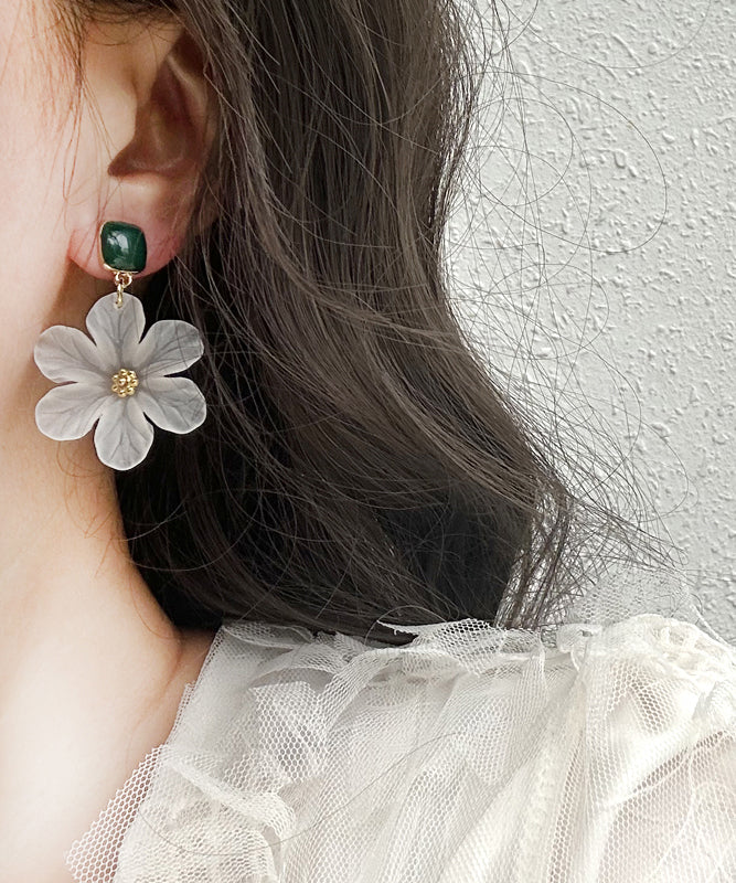 Casual White Copper Alloy Drip Glaze Floral Drop Earrings