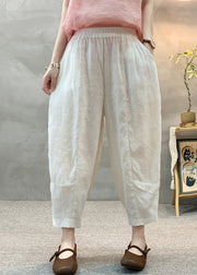 Casual White Elastic Waist Linen Harem Pants Summer