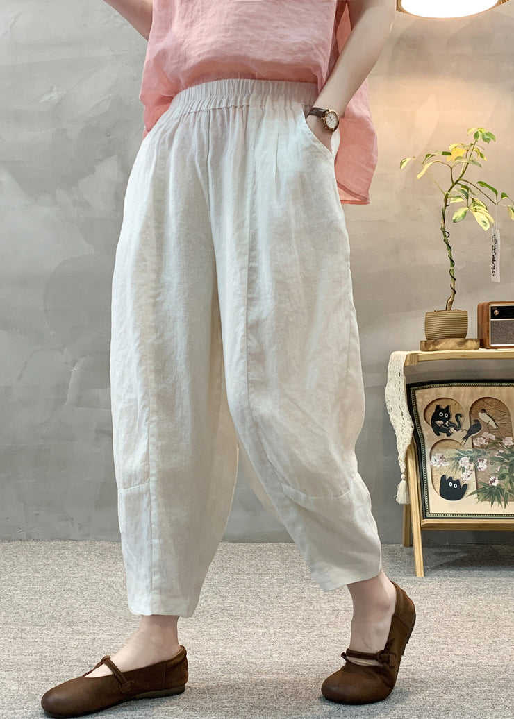 Casual White Elastic Waist Linen Harem Pants Summer