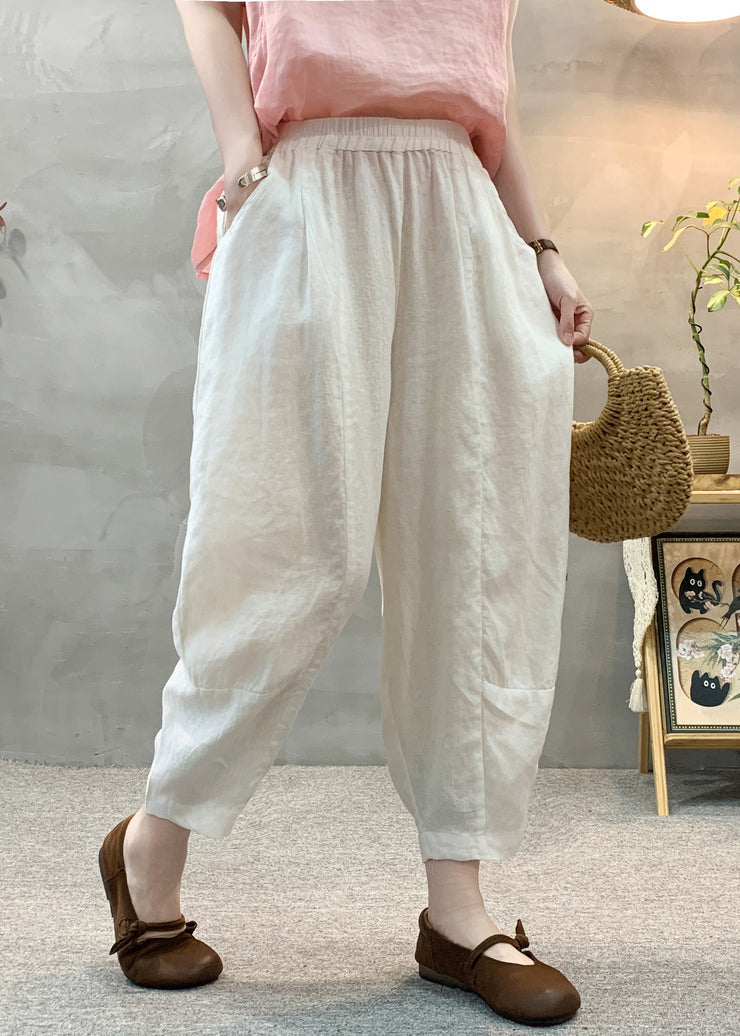 Casual White Elastic Waist Linen Harem Pants Summer