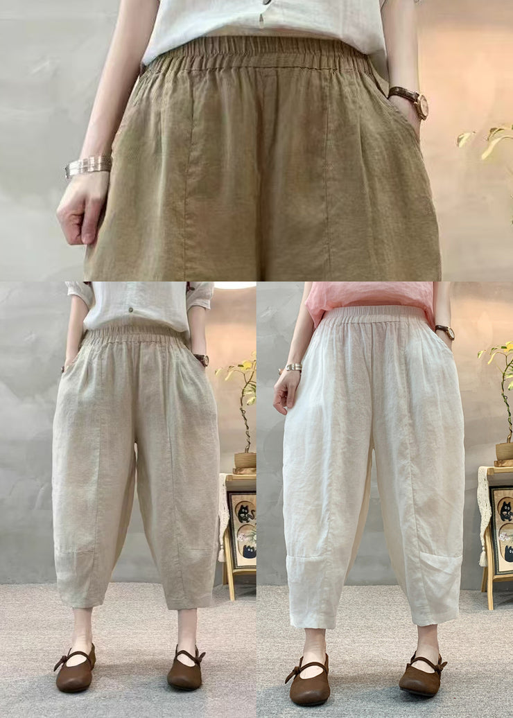 Casual White Elastic Waist Linen Harem Pants Summer