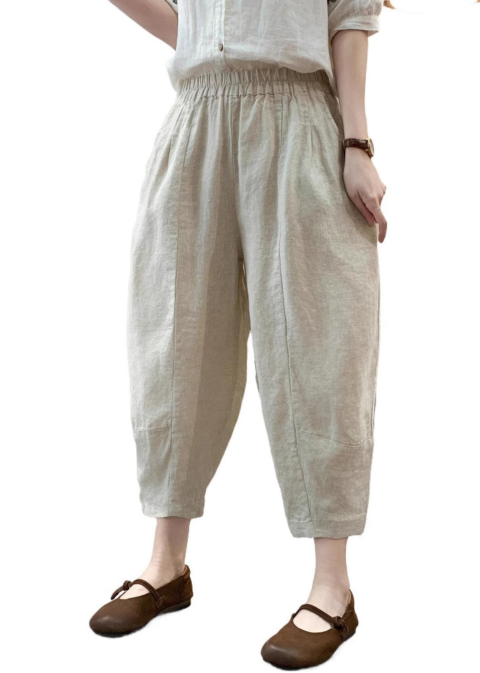Casual White Elastic Waist Linen Harem Pants Summer