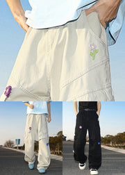 Casual White Embroideried Pockets Cotton Mens Pants Summer