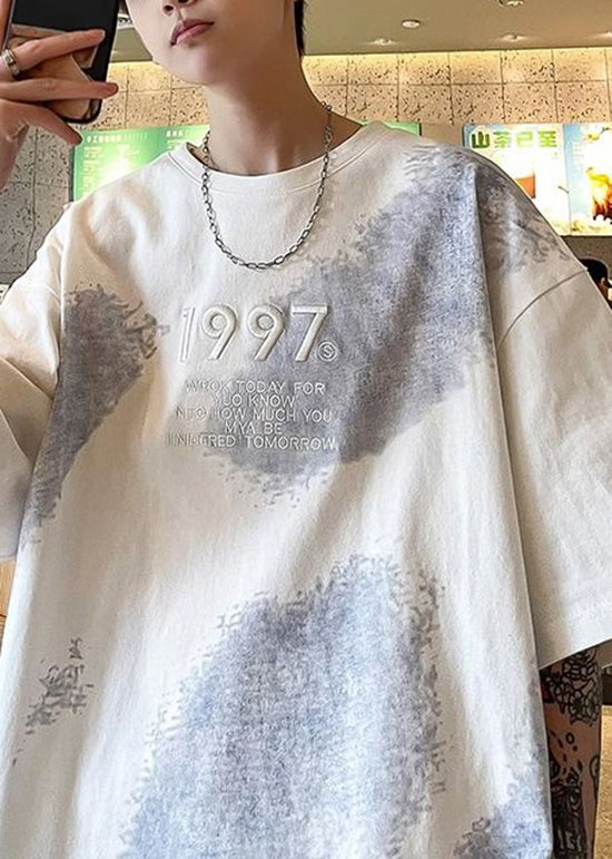 Casual White Embroideried Tie Dye Cotton T Shirt Men Summer