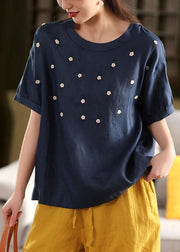 Casual White O-Neck Embroideried Linen Tops Summer