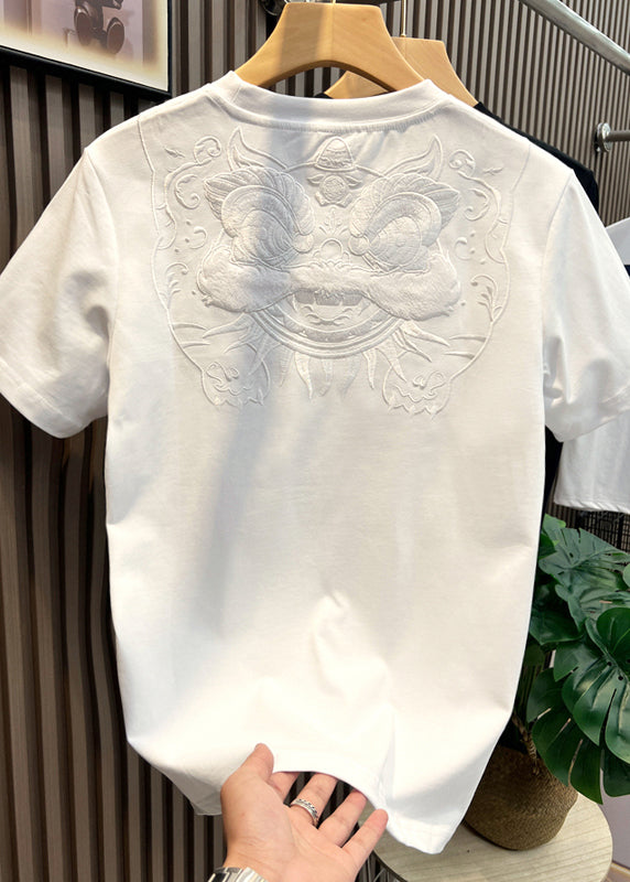 Casual White Oriental Embroideried Cotton Men T Shirts Summer