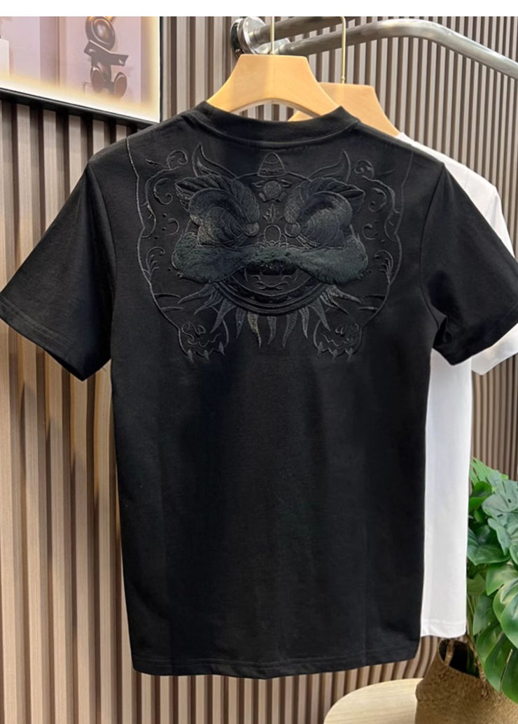 Casual White Oriental Embroideried Cotton Men T Shirts Summer