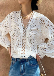 Casual White Oversized Hollow Out Cotton Top Fall