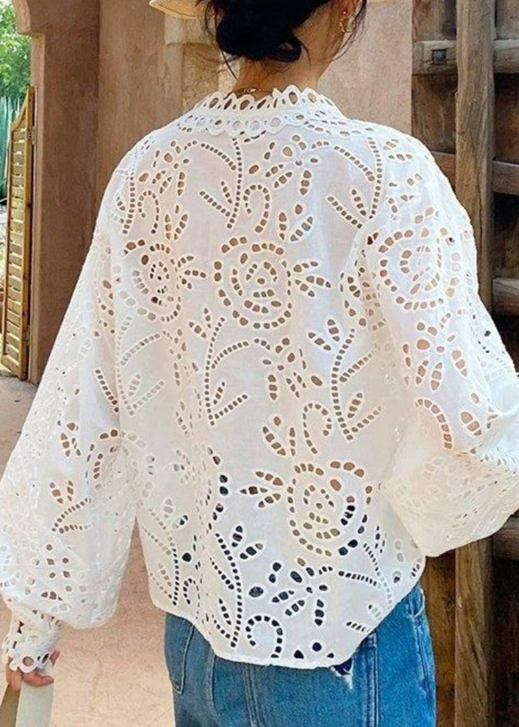 Casual White Oversized Hollow Out Cotton Top Fall
