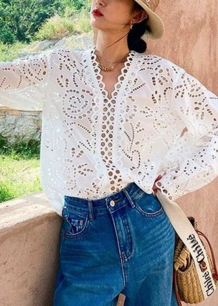 Casual White Oversized Hollow Out Cotton Top Fall