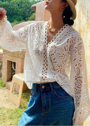 Casual White Oversized Hollow Out Cotton Top Fall