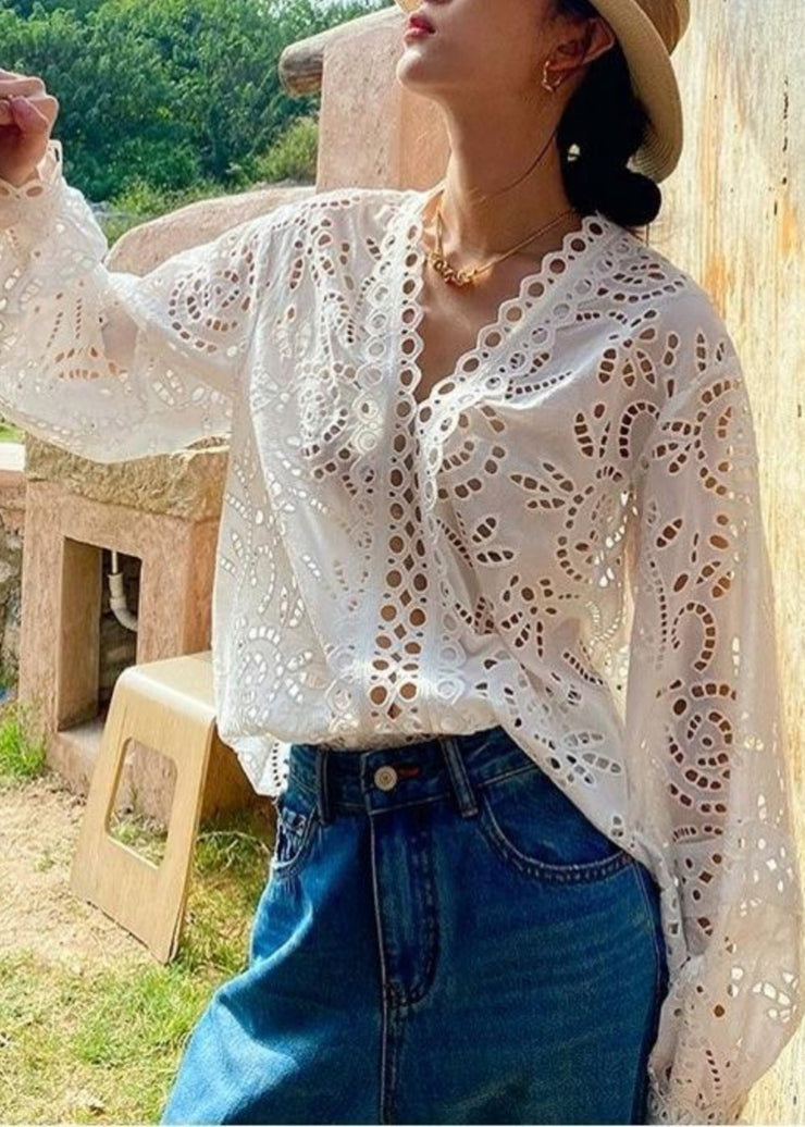 Casual White Oversized Hollow Out Cotton Top Fall