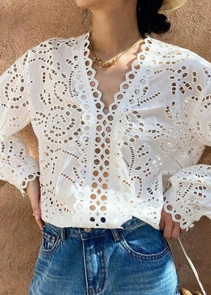 Casual White Oversized Hollow Out Cotton Top Fall