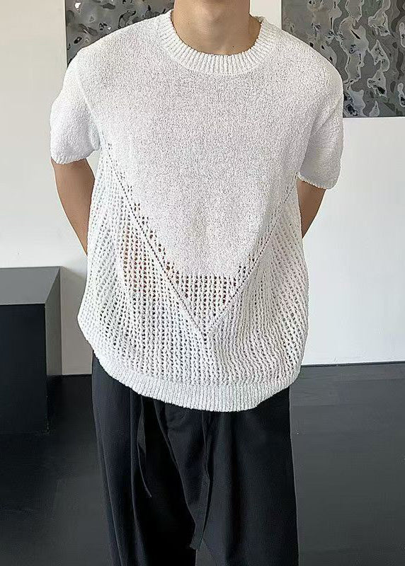 Casual White Oversized Hollow Out Knit T Shirts Summer