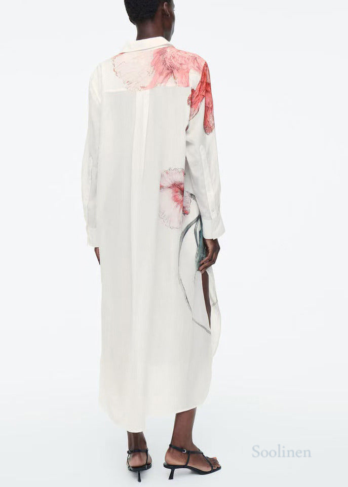 Casual White Oversized Print Cotton Long Shirts Dresses Fall