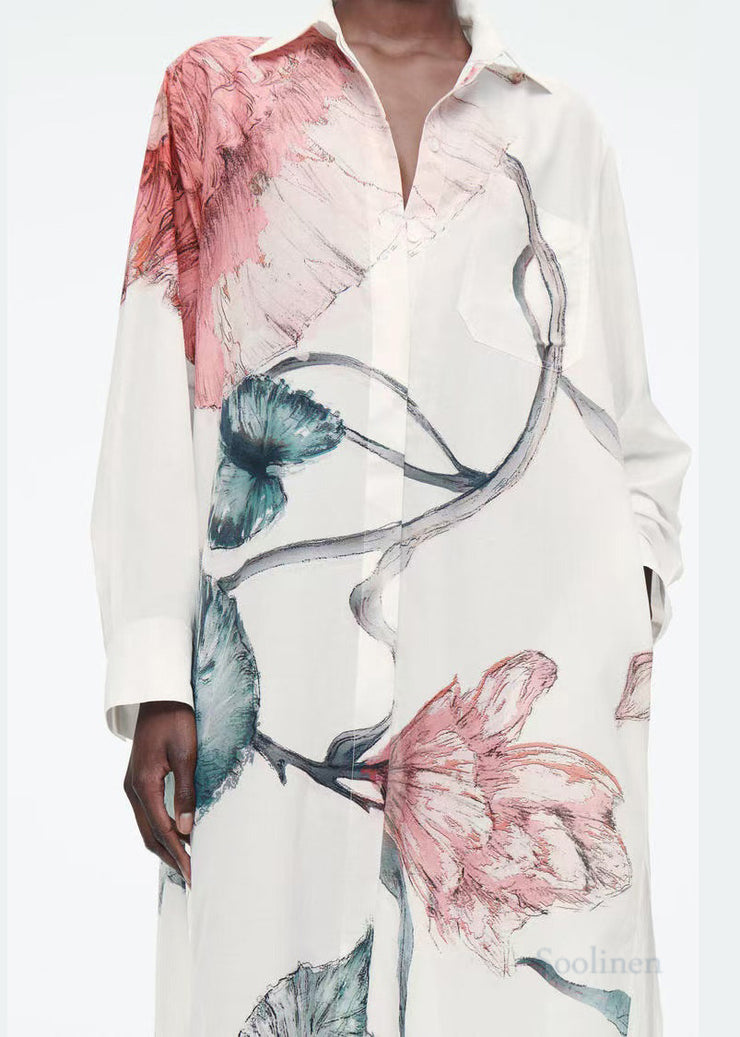 Casual White Oversized Print Cotton Long Shirts Dresses Fall