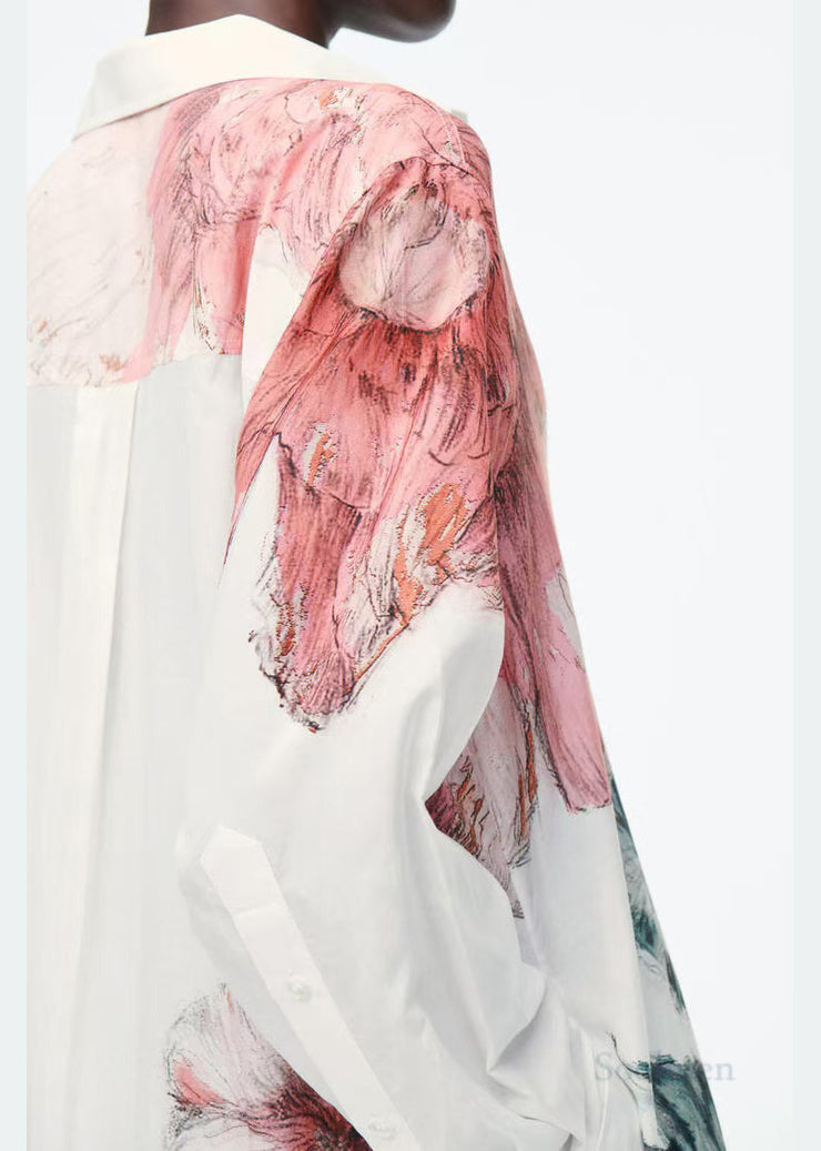 Casual White Oversized Print Cotton Long Shirts Dresses Fall