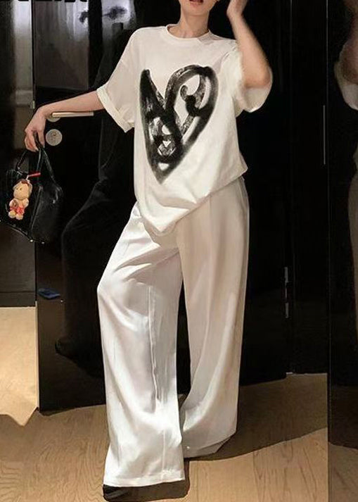 Casual White Oversized Print Cotton Two Pieces Set Summer