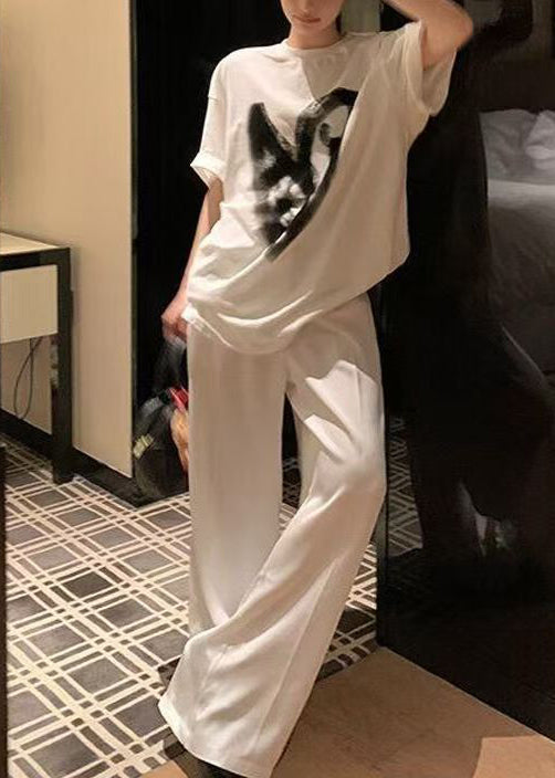Casual White Oversized Print Cotton Two Pieces Set Summer