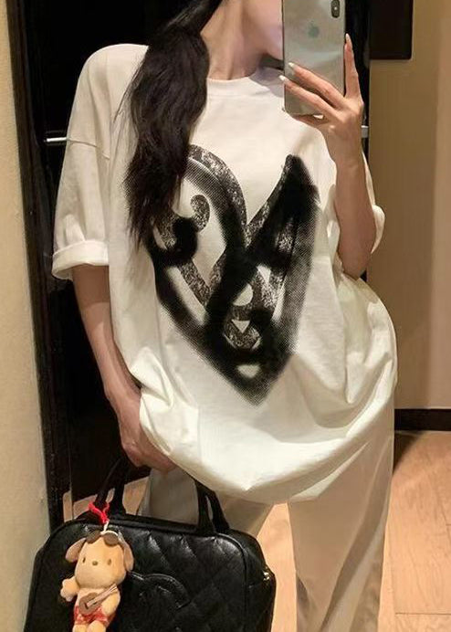 Casual White Oversized Print Cotton Two Pieces Set Summer