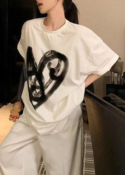 Casual White Oversized Print Cotton Two Pieces Set Summer