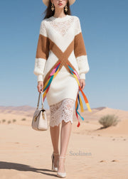 Casual White Patchwork Lace Knitted Dress Winter