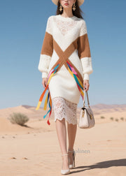 Casual White Patchwork Lace Knitted Dress Winter