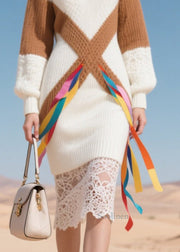 Casual White Patchwork Lace Knitted Dress Winter