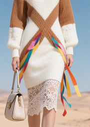Casual White Patchwork Lace Knitted Dress Winter