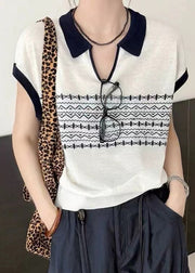 Casual White Peter Pan Collar Print Knit Top Summer