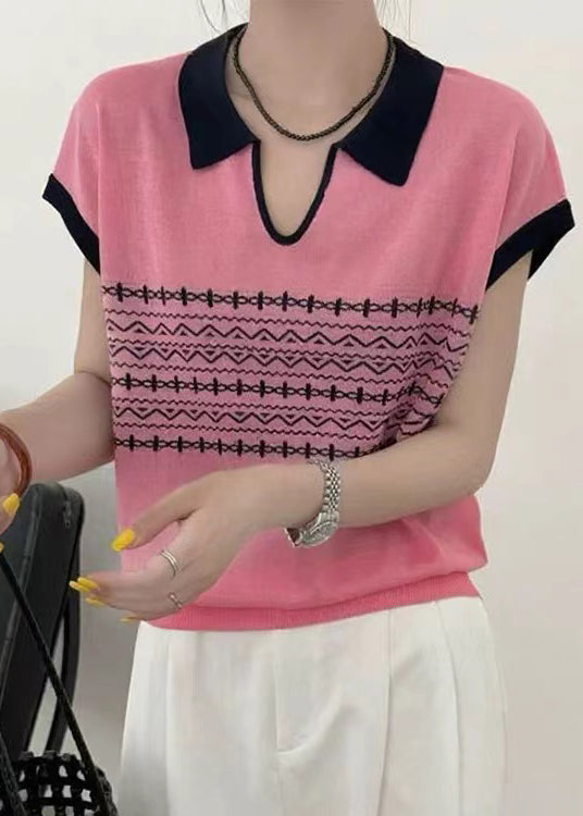 Casual White Peter Pan Collar Print Knit Top Summer