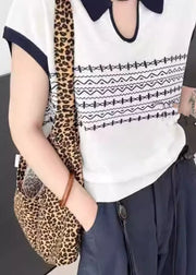 Casual White Peter Pan Collar Print Knit Top Summer