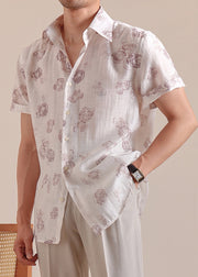 Casual White Peter Pan Collar Print Silk Cotton Mens Shirts Summer
