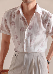 Casual White Peter Pan Collar Print Silk Cotton Mens Shirts Summer