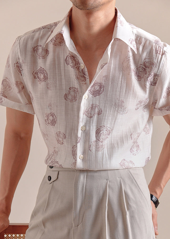 Casual White Peter Pan Collar Print Silk Cotton Mens Shirts Summer