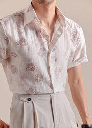 Casual White Peter Pan Collar Print Silk Cotton Mens Shirts Summer
