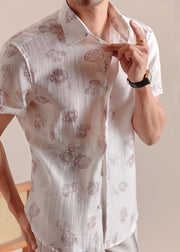 Casual White Peter Pan Collar Print Silk Cotton Mens Shirts Summer