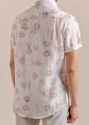 Casual White Peter Pan Collar Print Silk Cotton Mens Shirts Summer