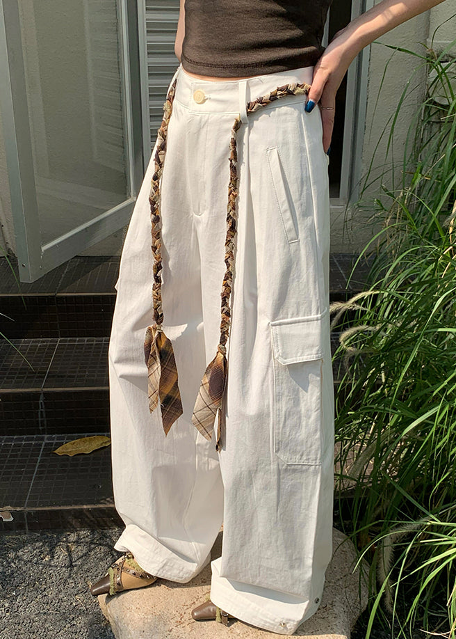 Casual White Pockets High Waist Cotton Wide Leg Pants Fall