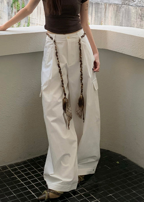 Casual White Pockets High Waist Cotton Wide Leg Pants Fall