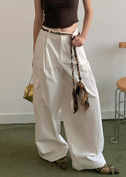 Casual White Pockets High Waist Cotton Wide Leg Pants Fall