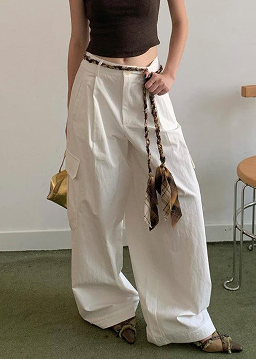 Casual White Pockets High Waist Cotton Wide Leg Pants Fall