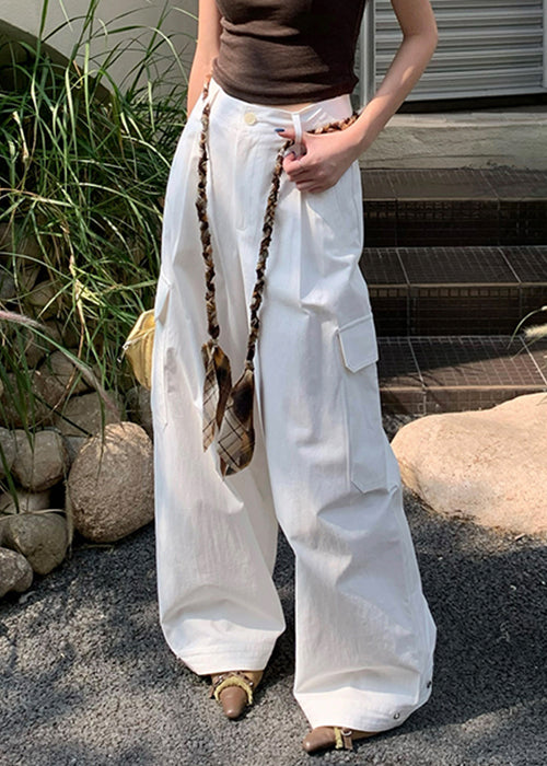 Casual White Pockets High Waist Cotton Wide Leg Pants Fall